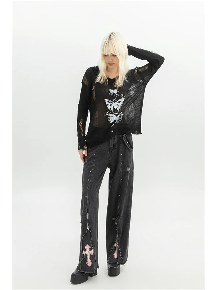 Women’s Black Gothic Oversized Jeans - Y2K Vintage Aesthetic Wide Leg Trousers