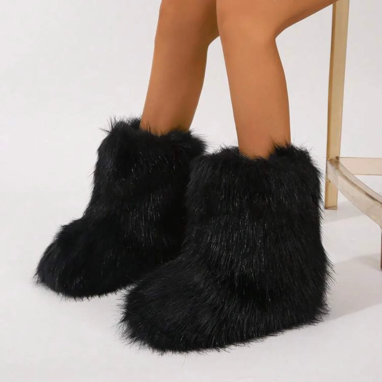 Winter Fur Imitation Raccoon Snow Boots for Women - Bright Colors – Mid-Calf Fluffy Boots with Plush Lining, Flat Heel