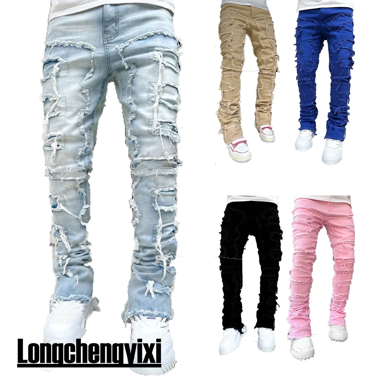 Men's Regular Fit Ripped Stacked Jeans | Slim Fit Patch Distressed Denim Pants | Hip Hop Streetwear Trousers