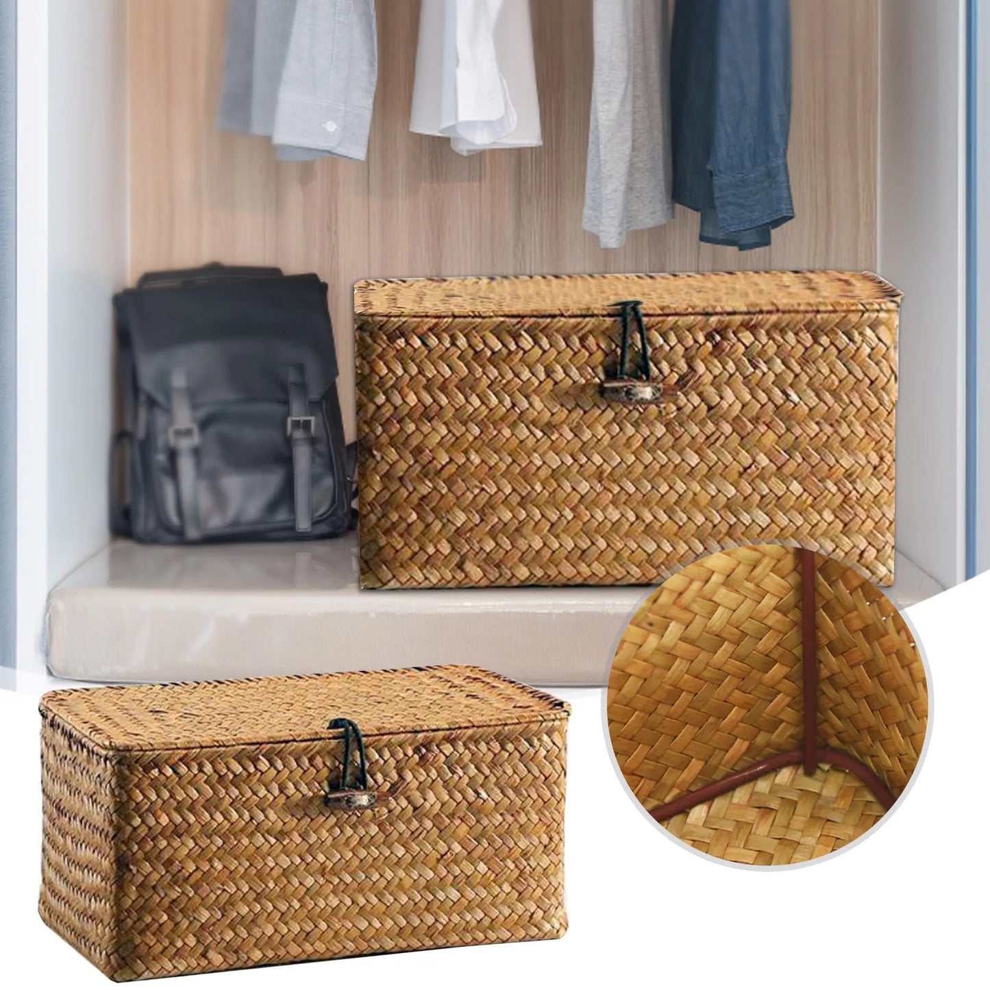 Handmade Wicker Storage Basket with Lid – Rattan Organizer for Laundry, Toys & More