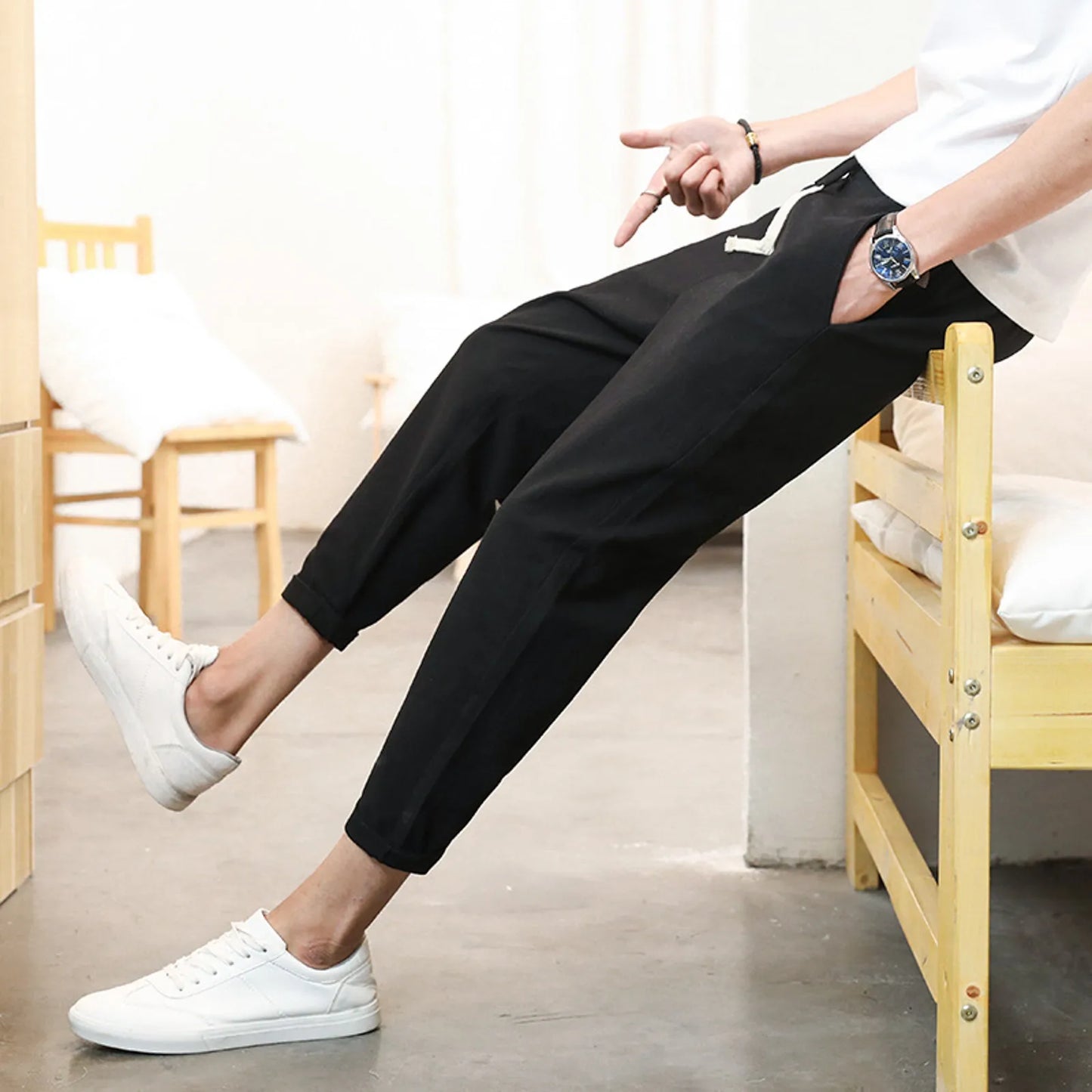 🌿 Men's Solid Color Casual Trousers - Japanese Linen Slim Ankle-Length Pants for Daily Outwear