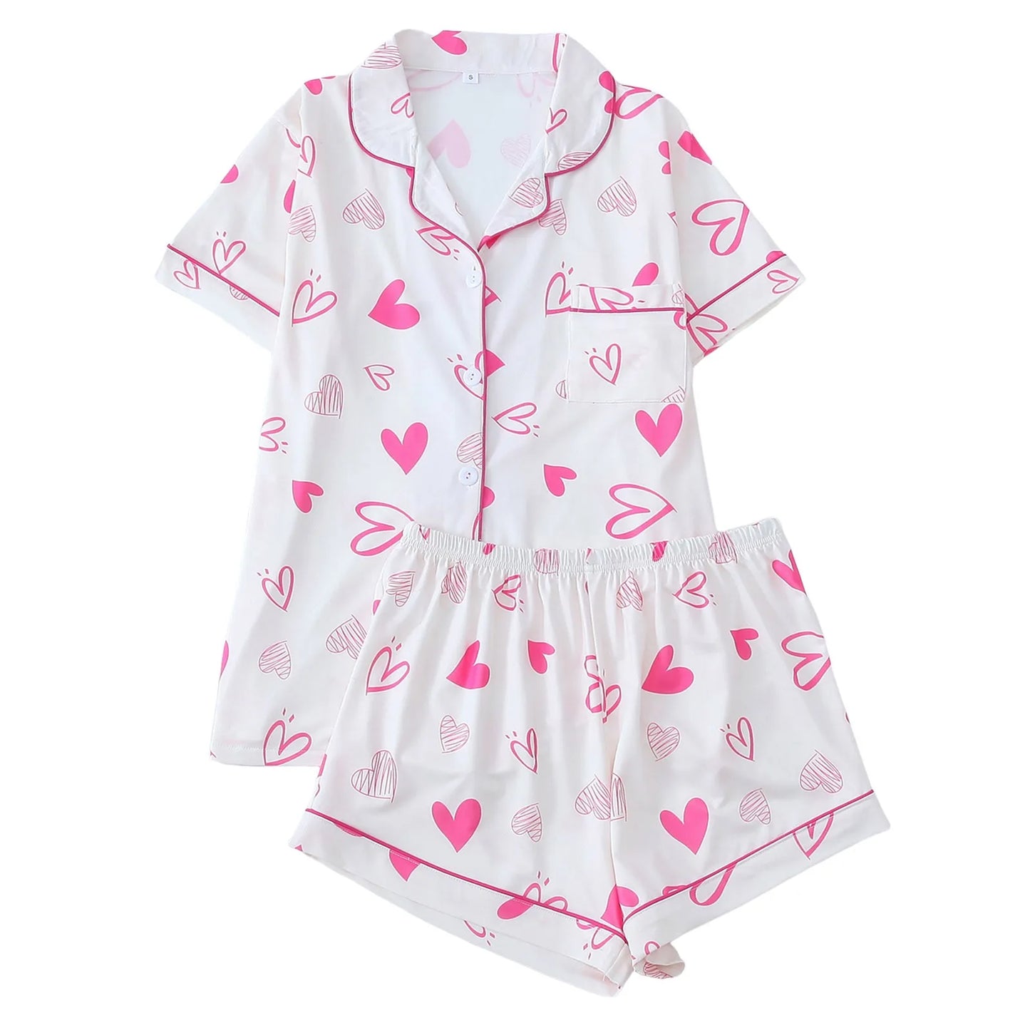 Valentine’s Day Silk Pajama Set ❤️ Cute Bow Print Short Sleeve Shirt & Shorts Sleepwear