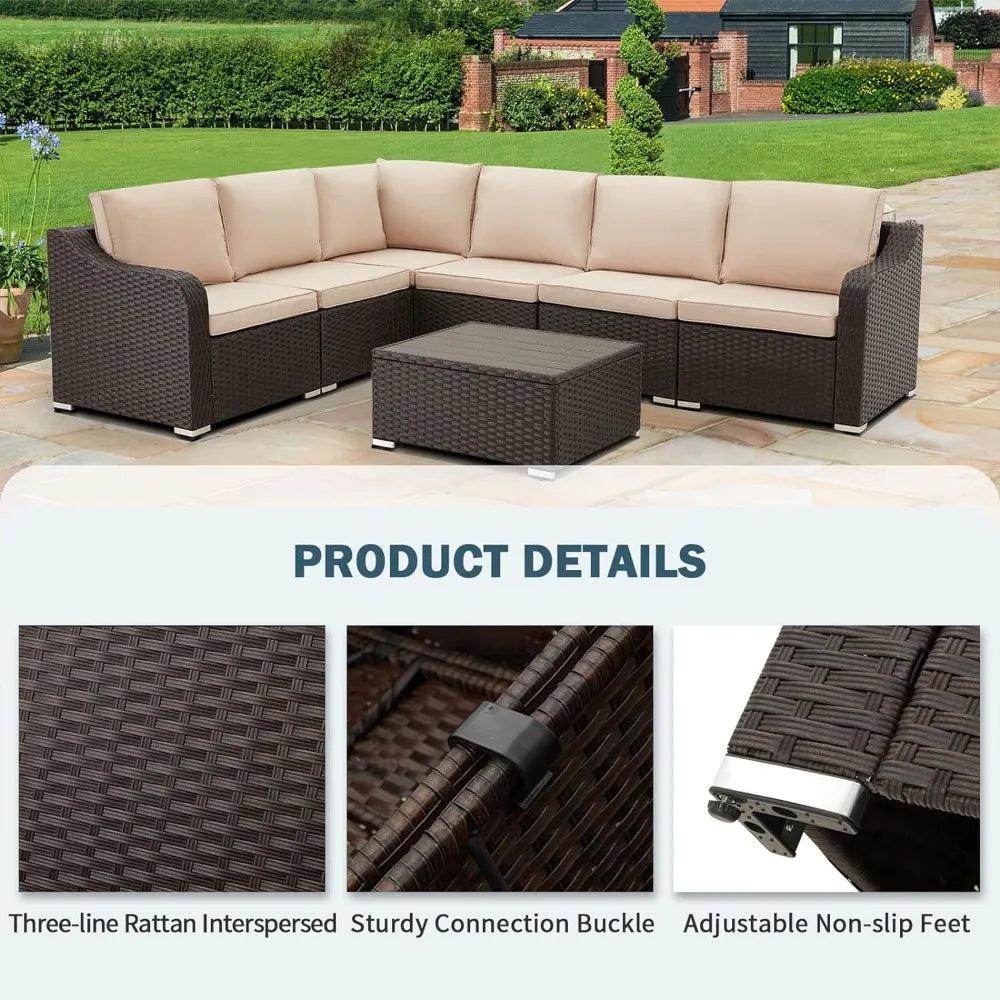 Patio Furniture 7-Piec Set, Rattan Wicker Outdoor Sectional Furnitures Sets, Conversation Sofa Set with Table & Thick Cushion