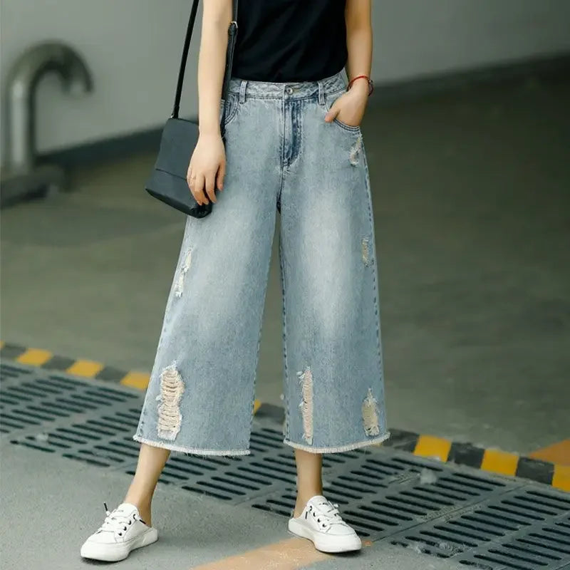 Women's Ripped Capri Jeans - High Waist Baggy Wide Leg Denim Pants - Casual Summer Loose Fit Korean Style