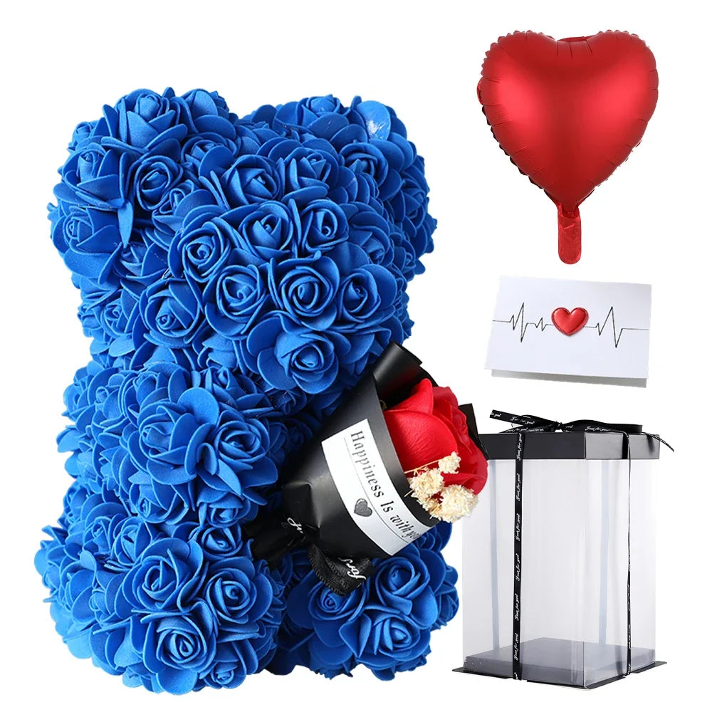 Valentine's Day Gift - 25cm Artificial Rose Bear with Box | Perfect Gift for Girlfriend, Women, Mother's Day, Birthday, Wedding Party