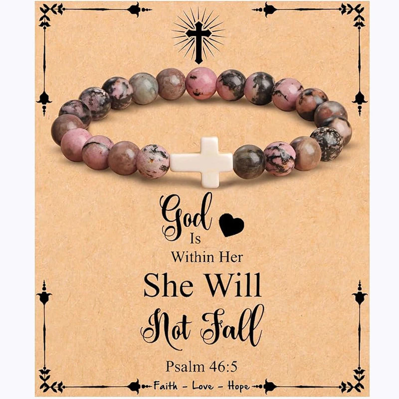 Christian Cross Bracelet for Women – Faithful Religious Easter Gift, Natural Stone Beaded Jewelry