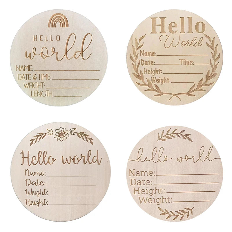 Baby Wooden Milestone Card | Engraved "Hello World" Newborn Photography Prop | Natural Wood Milestone Chips for Children