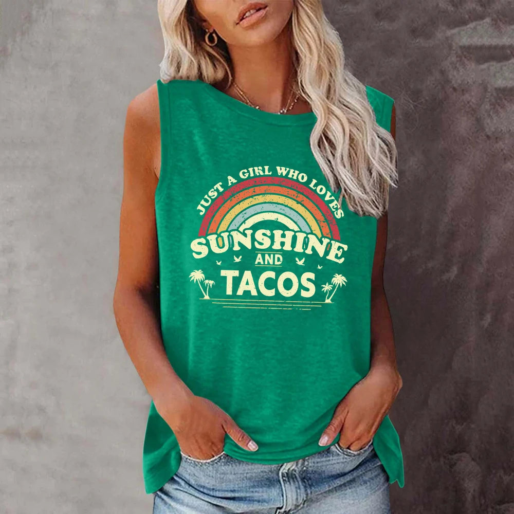 Summer Tee for Women - Sunshine & Tacos Tank Top – Y2K Aesthetic Sleeveless Graphic Tee