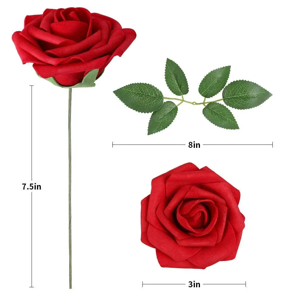 10/25PCS Realistic Artificial Red Roses 🌹 | Fake Flowers w/ Stems for Wedding, Party, Home & Holiday Decor