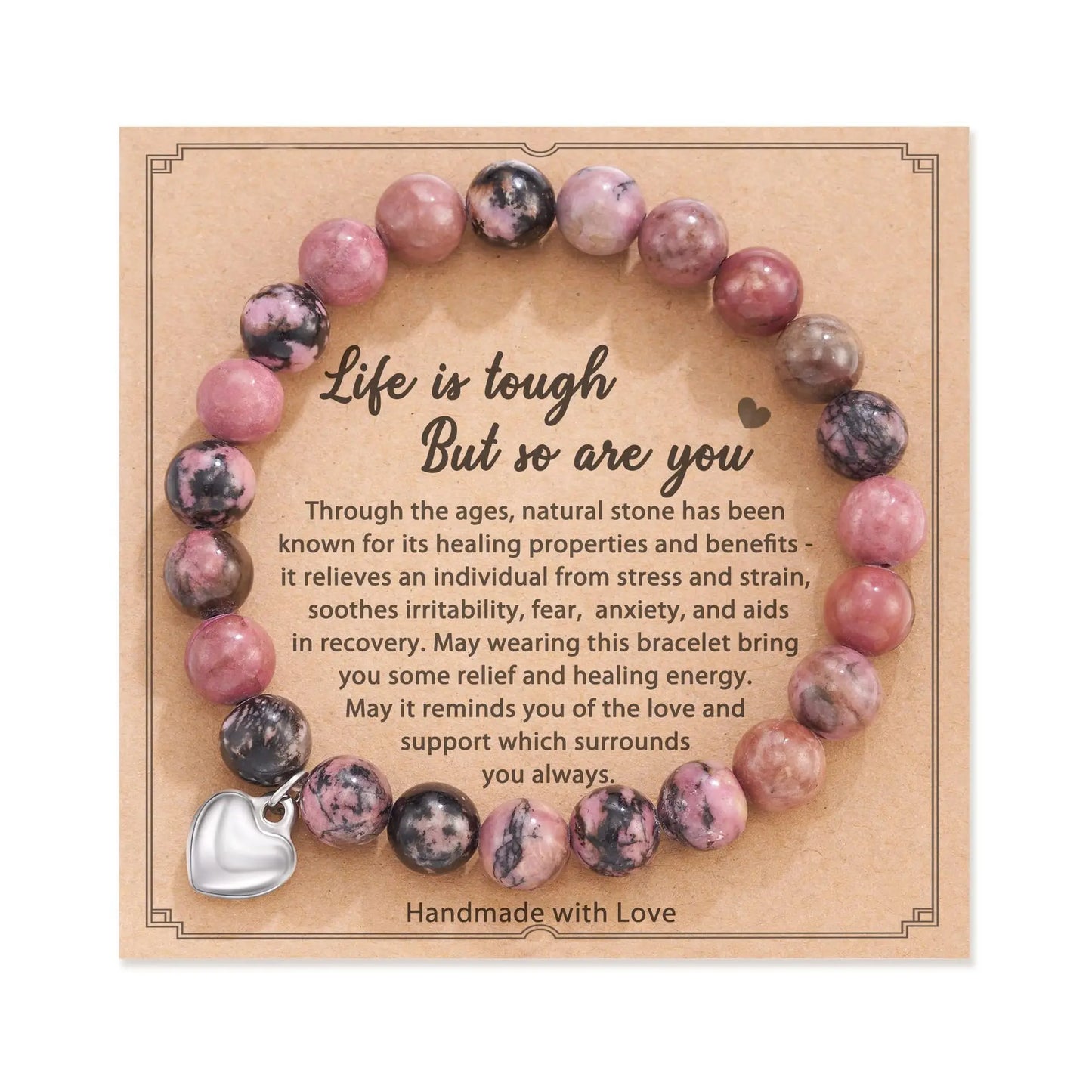 Pink Zebra Bead Bracelet – Natural Crystal Healing Stone, Heart Charm Gift for Mom, Daughter & Nana