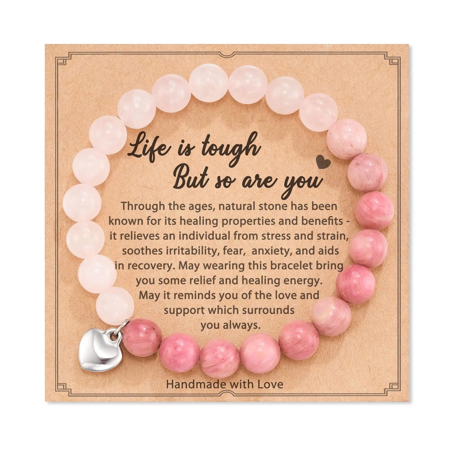 Pink Zebra Bead Bracelet – Natural Crystal Healing Stone, Heart Charm Gift for Mom, Daughter & Nana