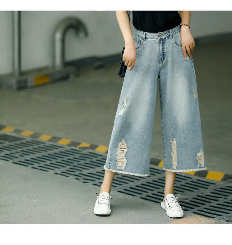 Women's Ripped Capri Jeans - High Waist Baggy Wide Leg Denim Pants - Casual Summer Loose Fit Korean Style