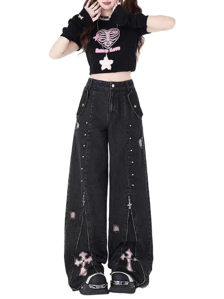 Women’s Black Gothic Oversized Jeans - Y2K Vintage Aesthetic Wide Leg Trousers