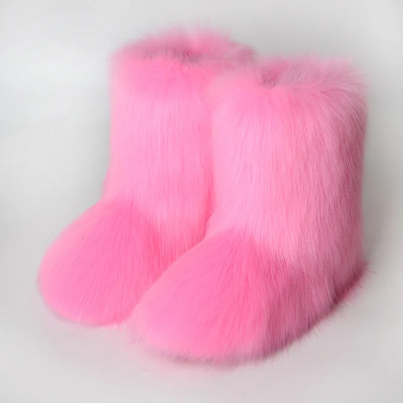 Winter Fur Imitation Raccoon Snow Boots for Women - Bright Colors – Mid-Calf Fluffy Boots with Plush Lining, Flat Heel