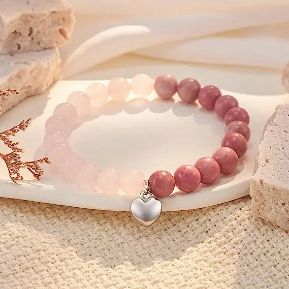 Pink Zebra Bead Bracelet – Natural Crystal Healing Stone, Heart Charm Gift for Mom, Daughter & Nana