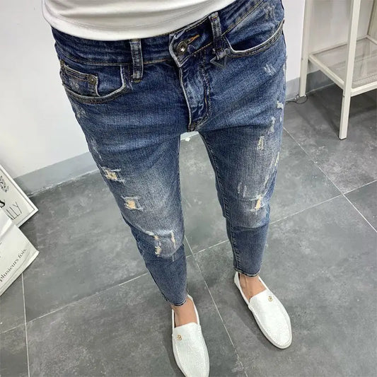 2023 Men's Korean Style Ripped Skinny Jeans | Trendy Blue Summer Cargo Trousers