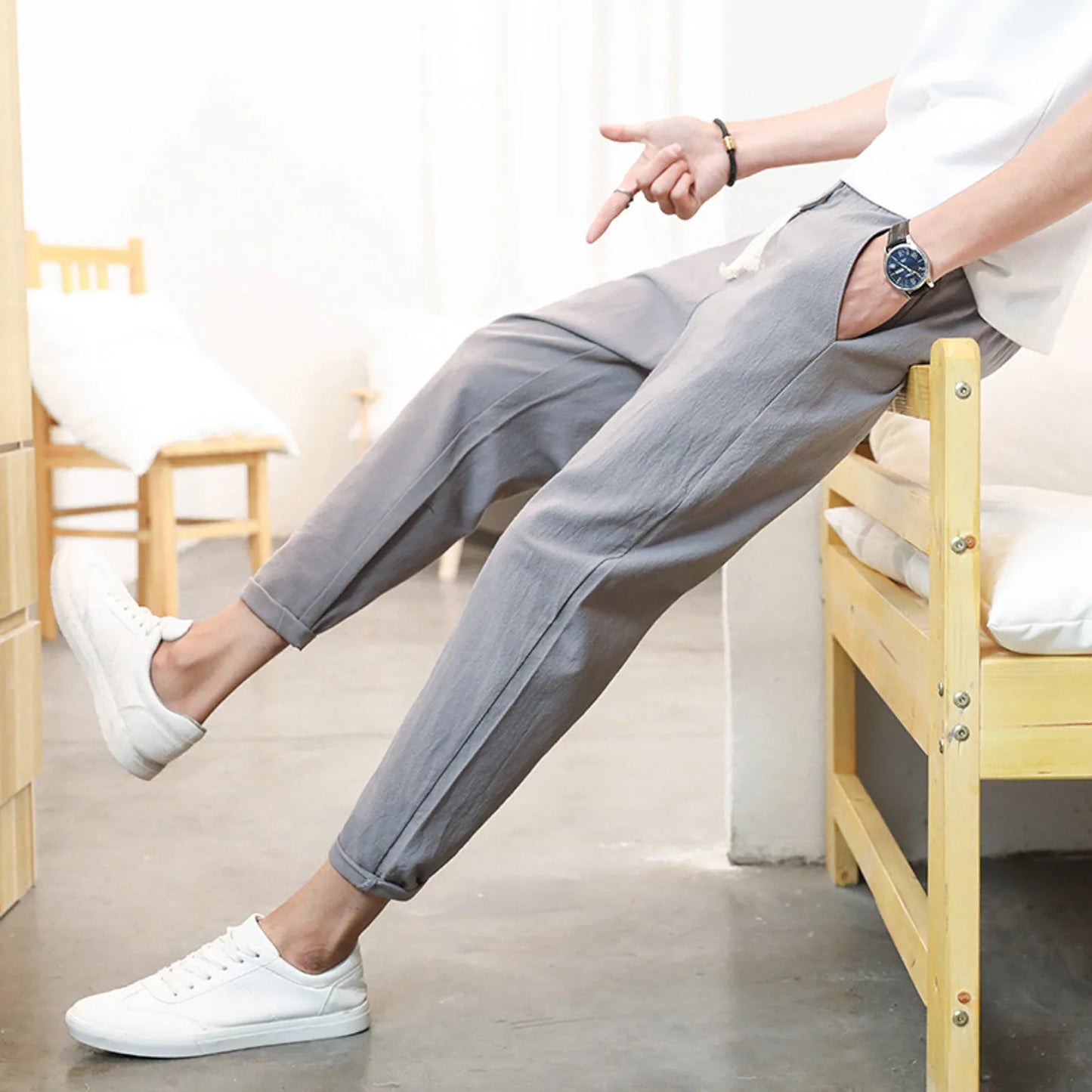 🌿 Men's Solid Color Casual Trousers - Japanese Linen Slim Ankle-Length Pants for Daily Outwear