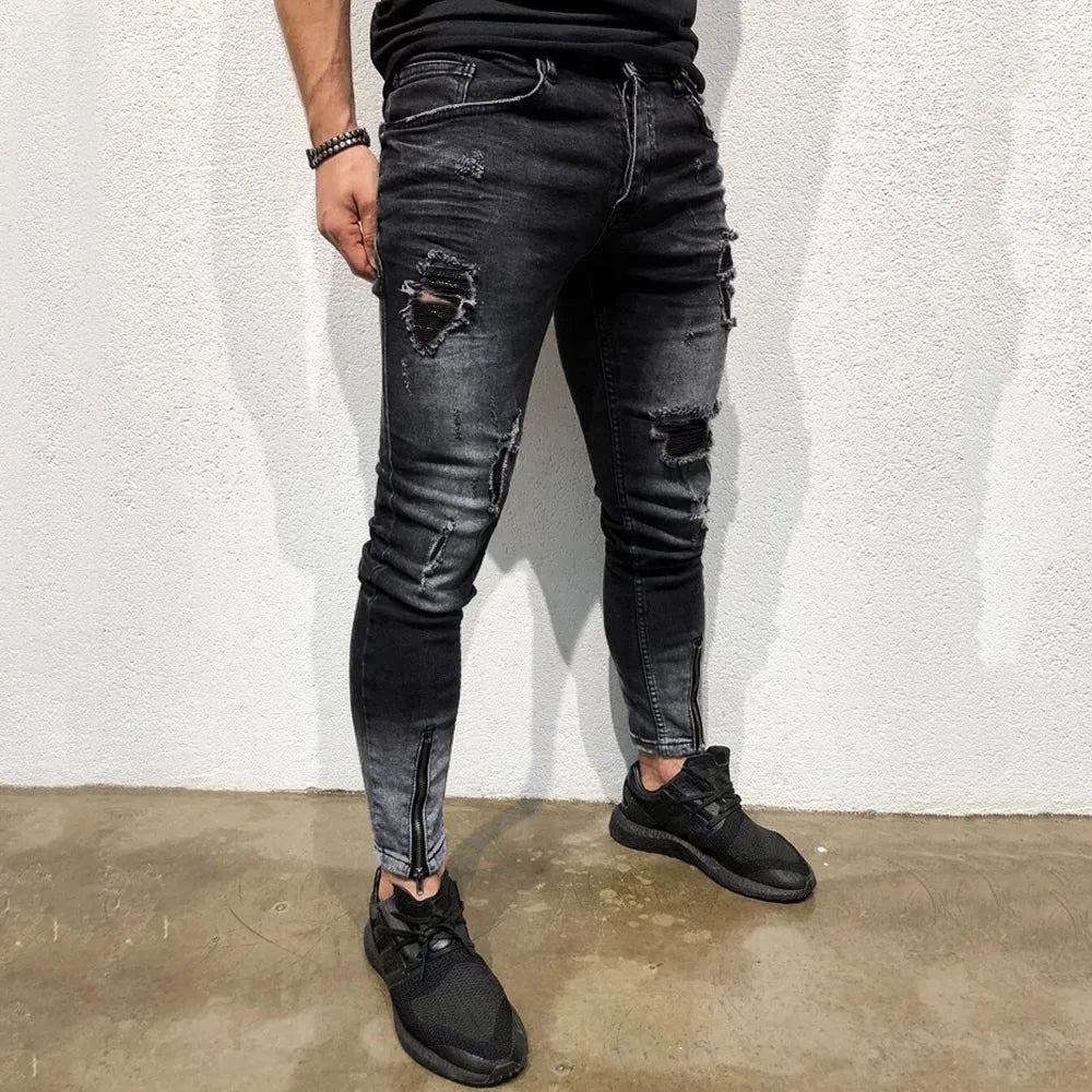 🔥 Trendy Men's Skinny Stretch Jeans | Slim Fit Denim Pants | Distressed Ripped Selvedge Style | Streetwear Stacked Trousers