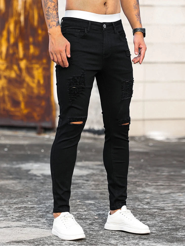 Men's Fashion Street Ripped Jeans 🖤 | Black Slim Fit Pencil Pants | Club & Casual Denim