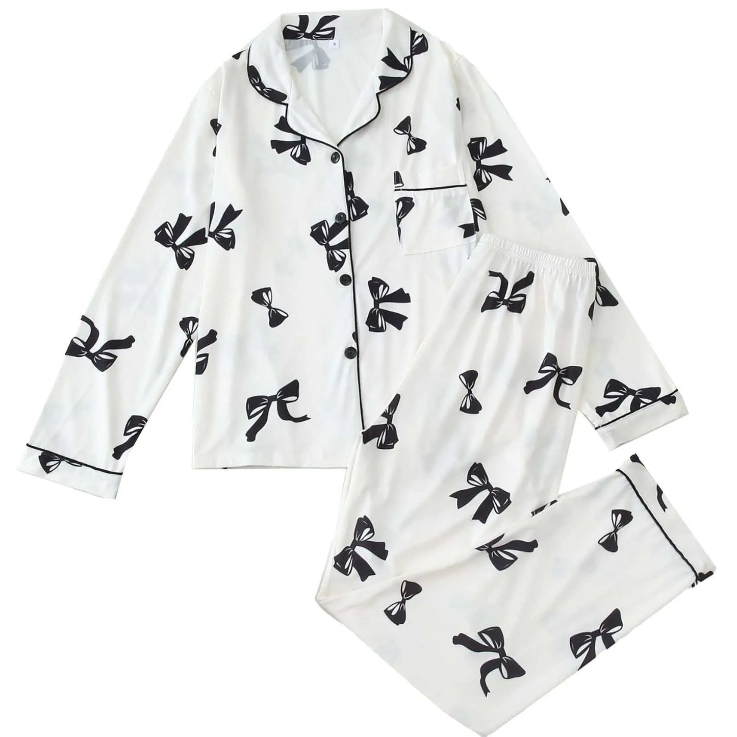 Cute Tie Bow Print Pajama Set for Women - Soft Long Sleeve Loungewear, Spring Sleepwear, Home Clothes