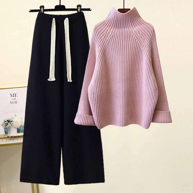 💎 Cozy Winter Knitwear Set for Women | Turtleneck Sweater + High-Waist Wide-Leg Pants 💎