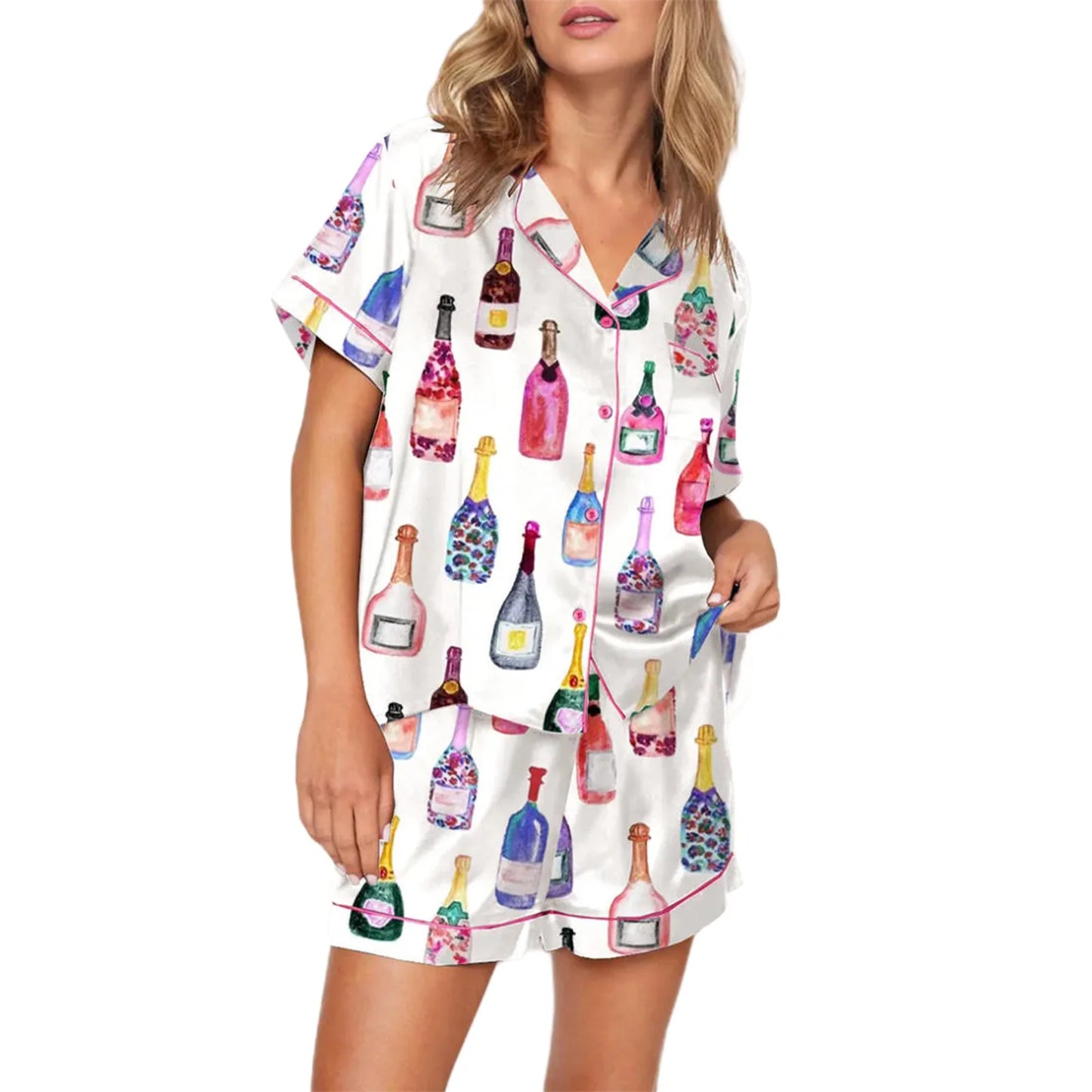 Women’s Satin Pajama Set Heart Boots Print | Short Sleeve Button-Up Shirt & Shorts | Trendy Sleepwear & Loungewear