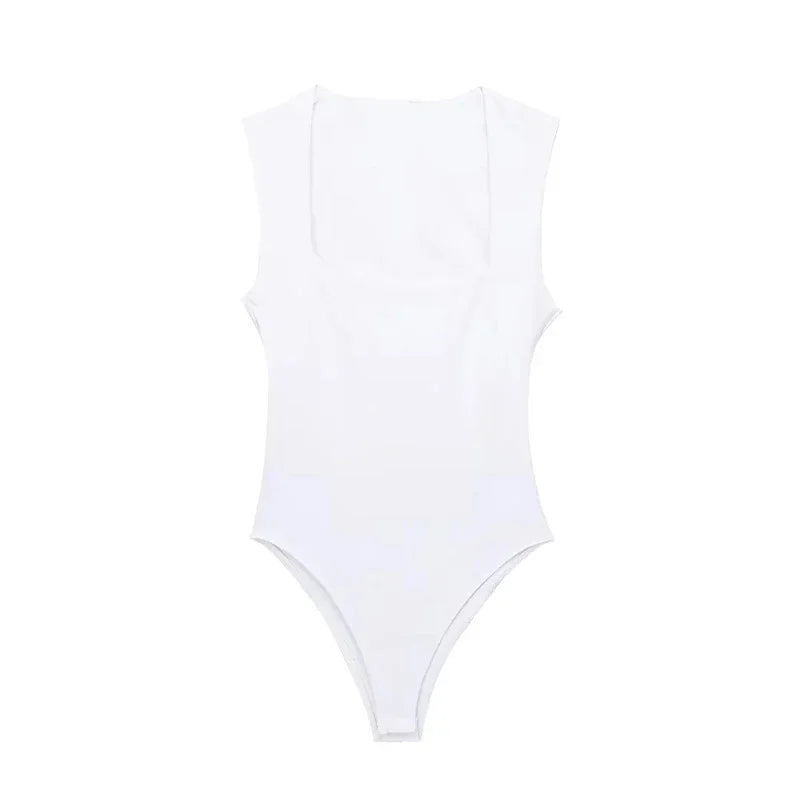 Sexy Black Sleeveless Bodysuit for Women – White Square Neck One-Piece Bodysuit | Summer Lingerie & Slim Fit