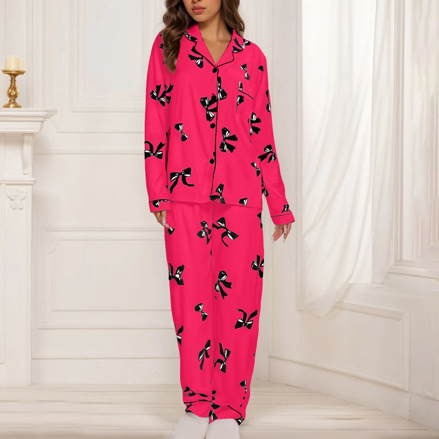 Cute Tie Bow Print Pajama Set for Women - Soft Long Sleeve Loungewear, Spring Sleepwear, Home Clothes