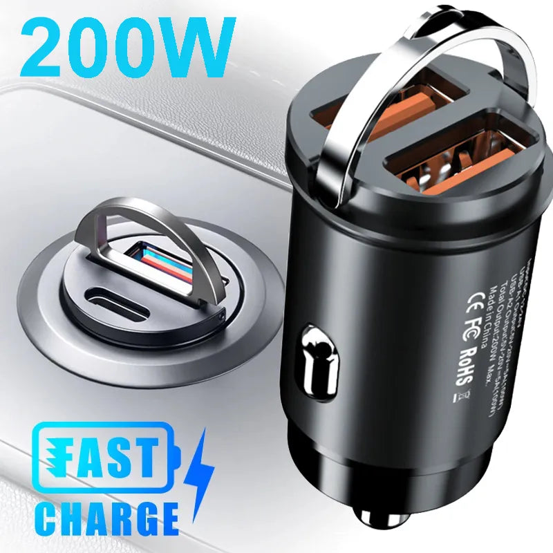 🔌 100W/200W QC3.0 PD Mini Car Charger 12-24V Lighter Fast Charging Car USB Type C Charger for Xiaomi Samsung Huawei iPhone Power 🔌