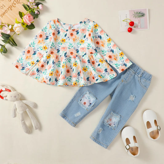 1-4 Years Toddler Girl Fashion 2-Piece Clothing Set: Long Sleeve Floral Blouse + Ripped Jeans