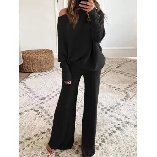 🌟 Women's Elegant 2-Piece Knitted Suit – Long-Sleeved Bateau Collar Top + Wide-Leg Pants  🌟