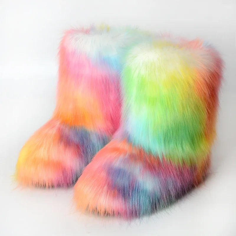 Winter Fur Imitation Raccoon Snow Boots for Women - Bright Colors – Mid-Calf Fluffy Boots with Plush Lining, Flat Heel