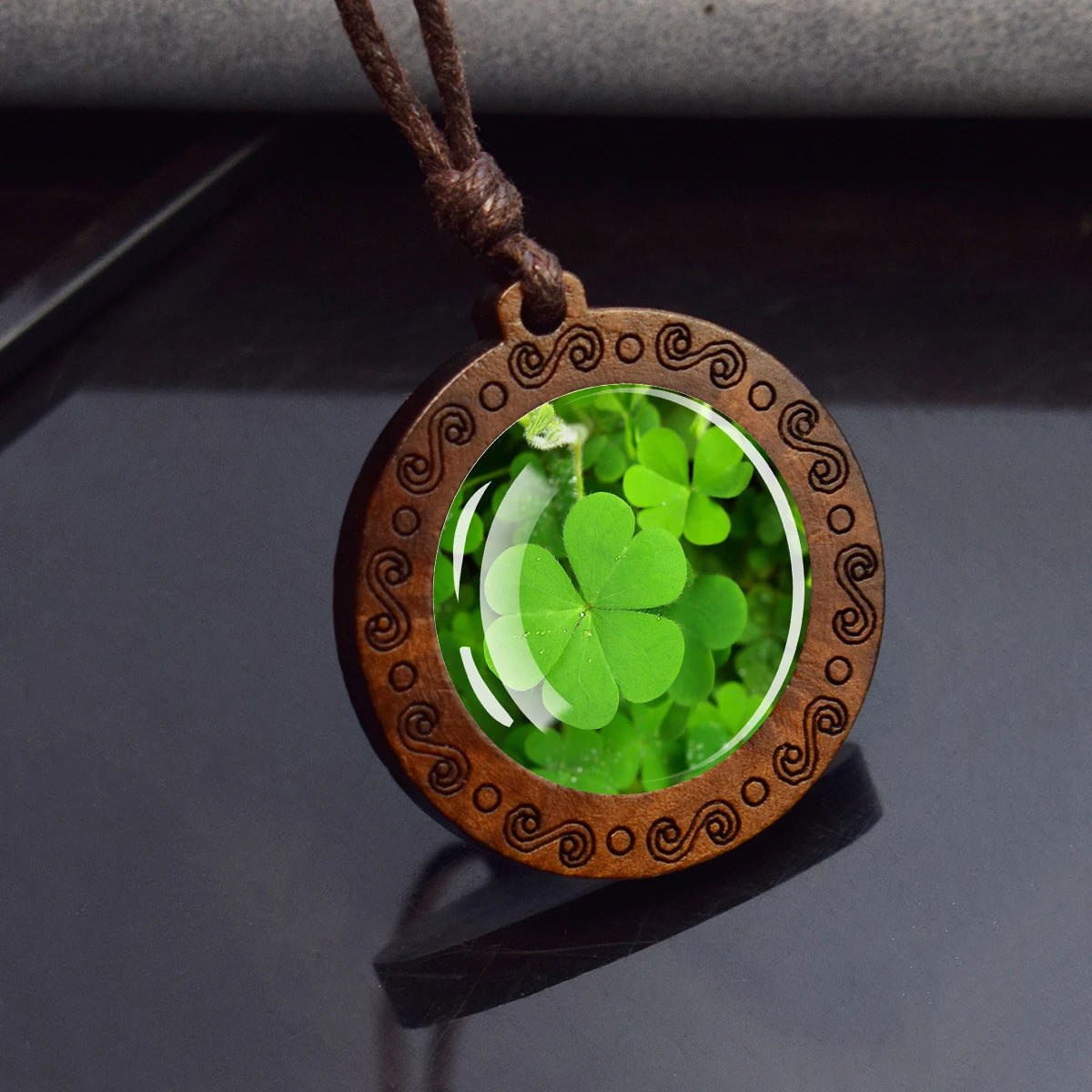 Four Leaf Clover Glass Dome Wooden Pendant Necklace Rope Chain Necklace Retro Jewelry St.Patrick's Day Gift