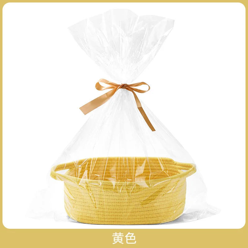 Small Woven Storage Basket w/ Gift Bag & Ribbon – Baby Toy, Diaper Organizer, Durable Rope Basket w/ Handle