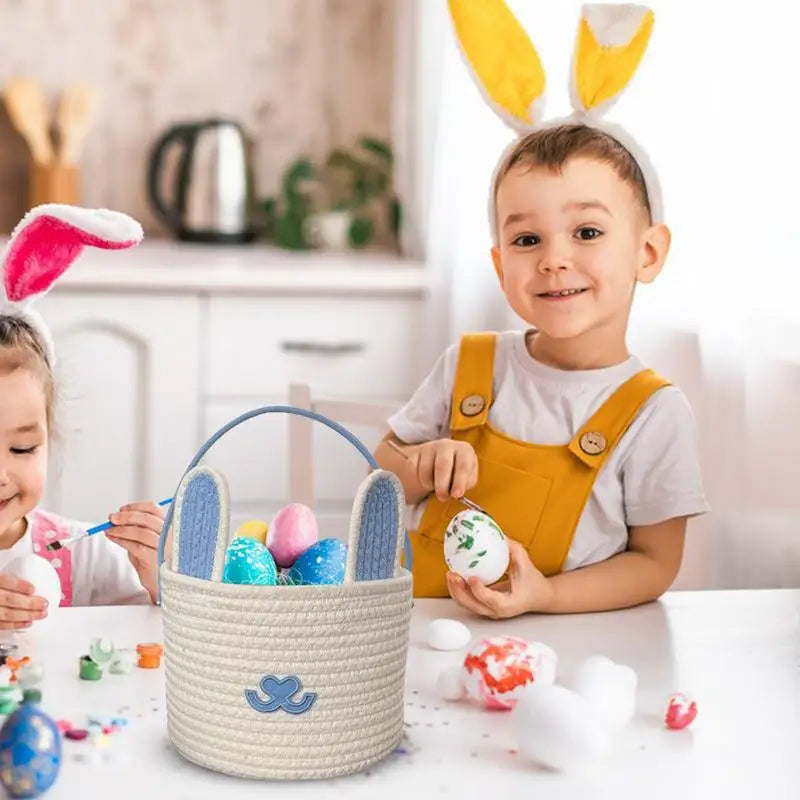 🐰 Easter Bunny Basket – Soft Cotton Rope Tote for Egg Hunt, Candy & Gifts