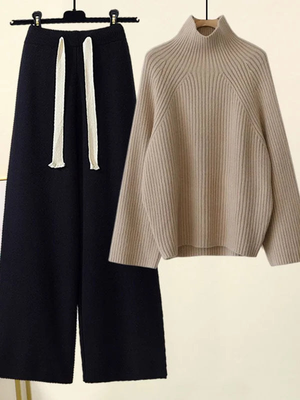 💎 Cozy Winter Knitwear Set for Women | Turtleneck Sweater + High-Waist Wide-Leg Pants 💎