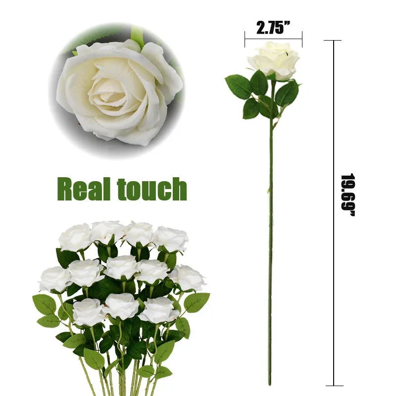 10-200PCS Realistic White Artificial Roses 🌹 | Silk Fake Flowers with Long Stems for Wedding, Home & Party Decor