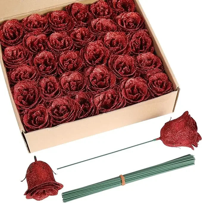 30/50PCS Glitter Artificial Roses | Valentine's Day & Wedding DIY Flowers | Romantic Gift for Wife, Girlfriend, Mother