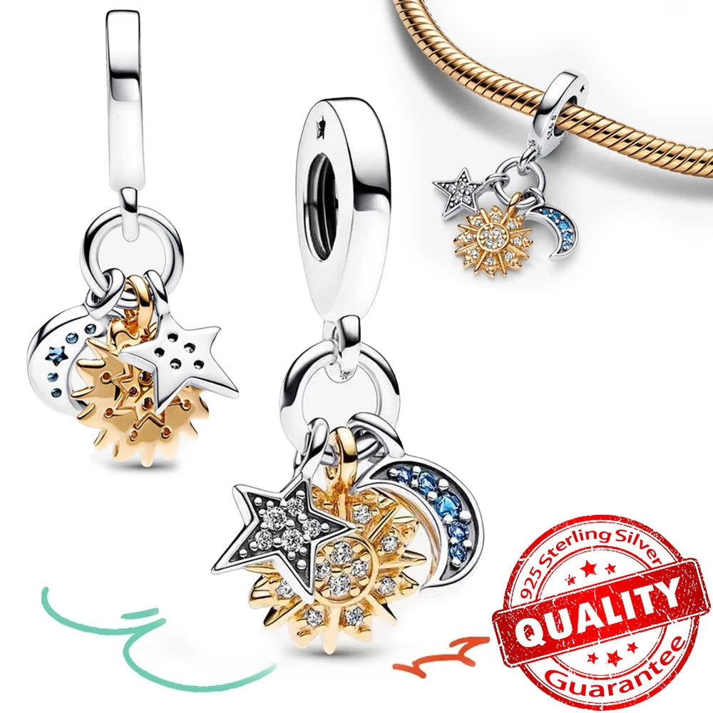 925 Sterling Silver Gold Dangle Charm – Sparkling Monstera Leaf & Spinning Bicycle Charm for Bracelets