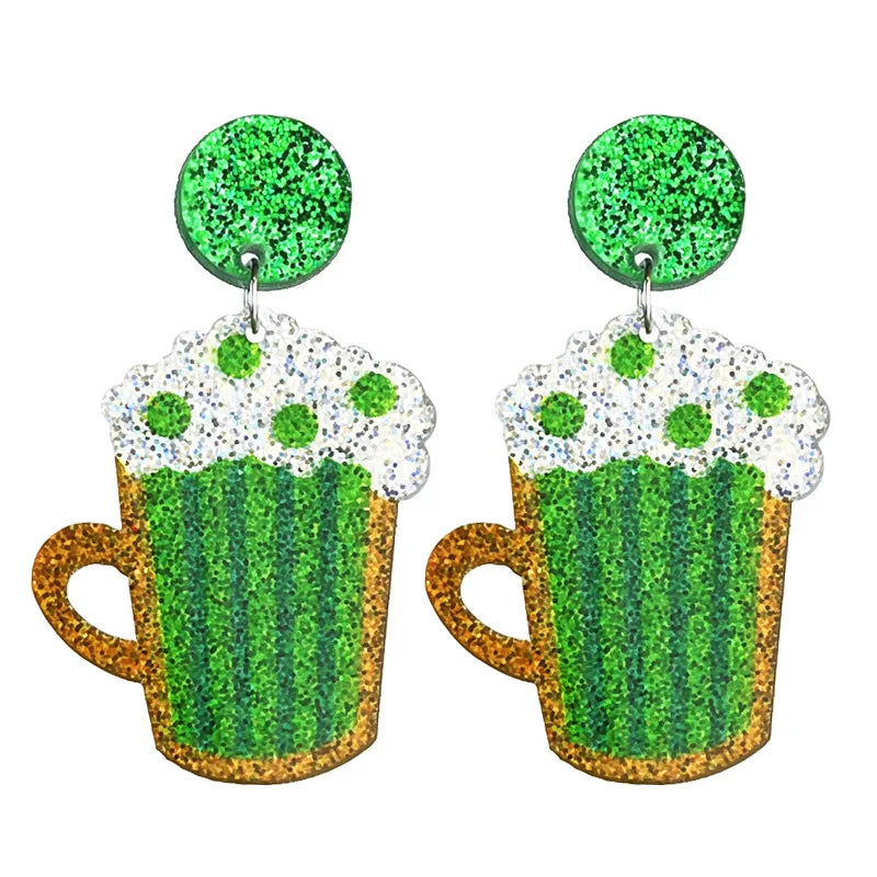 New St. Patrick's Earrings Green Festival Atmosphere Rainbow Beer Clover Shining Acrylic Earrings