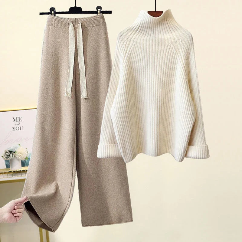 💎 Cozy Winter Knitwear Set for Women | Turtleneck Sweater + High-Waist Wide-Leg Pants 💎