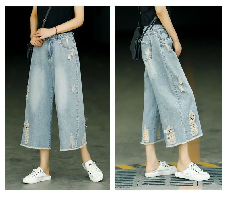 Women's Ripped Capri Jeans - High Waist Baggy Wide Leg Denim Pants - Casual Summer Loose Fit Korean Style