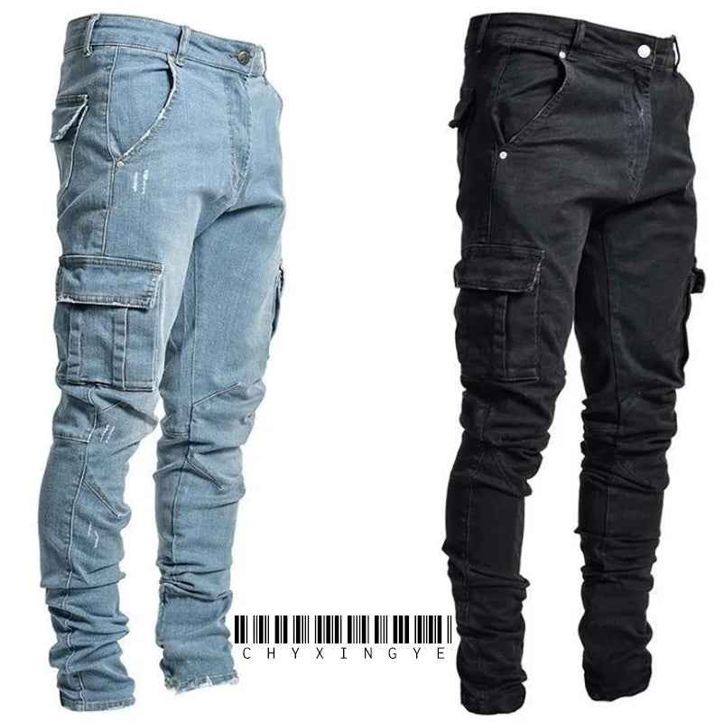 Men's Elastic Denim Cargo Pants 👖 | Multi-Pocket Slim Fit Casual Joggers | Mid-Waist Daily Wear