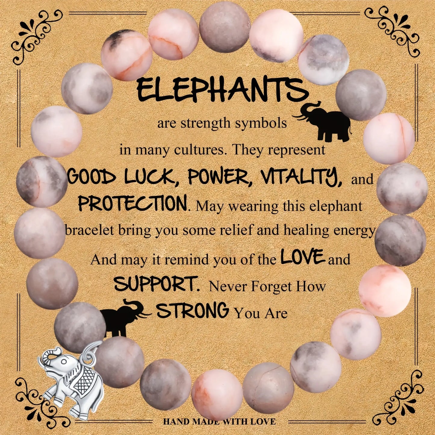 Cache Bracelet - Natural Stone Emperor Bead Bracelet – Pink Zebra Elephant Design with Blessing Card, Women’s Gift