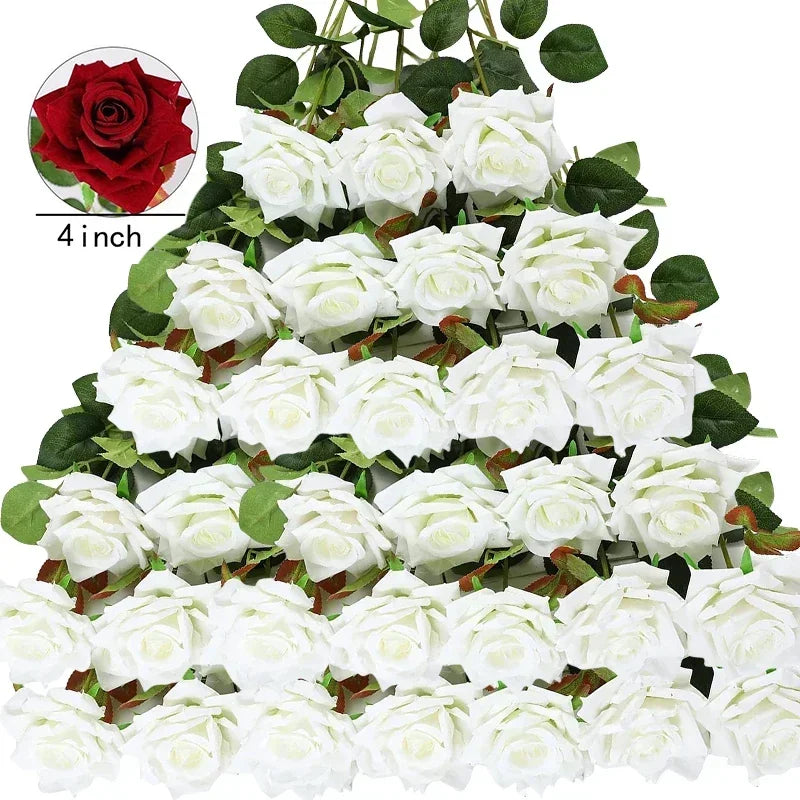 50PCS Real Touch Velvet Artificial Roses | Lifelike Fake Flowers for Valentine's, Weddings & Home Decor