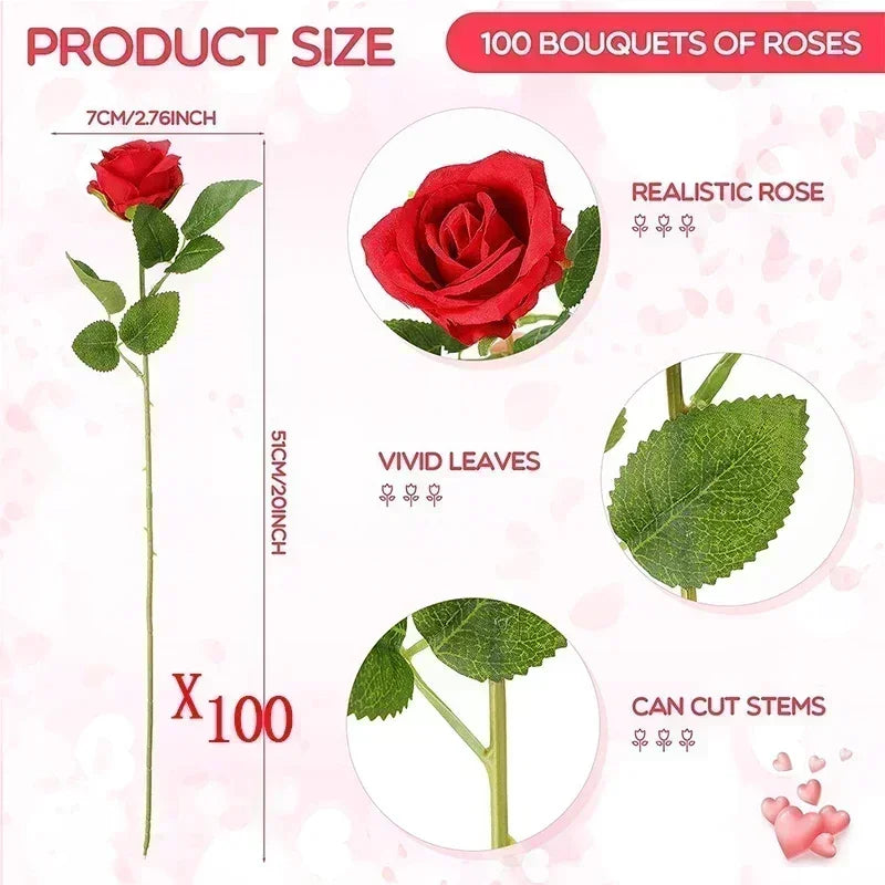 100PCS Artificial Silk Roses 🌹 | Realistic Fake Flower Bouquet for Wedding, Party & Home Décor