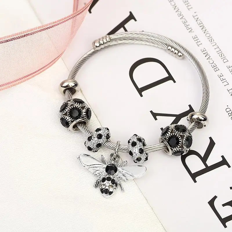 Elegant Bee Charm Bracelet – Titanium Steel Bangle, Crystal Rhinestone, Adjustable Women’s Jewelry Gift