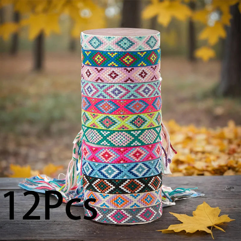 12 Pieces Nepal Style Friendship Bracelets | Handmade Colorful Woven Wrap Bracelets for Women | Geometric & Petal Design | Adjustable Length