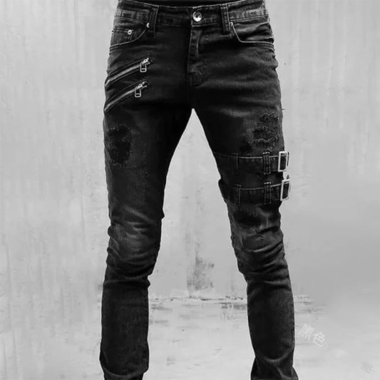 Men's Street Skinny Ripped Jeans Y2K Denim Cargo Pants Mid Waist Joggers Hip Hop Slim Fit Trousers