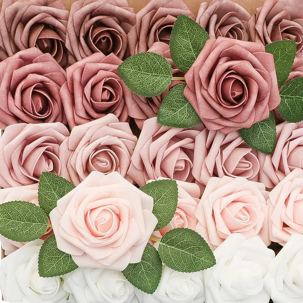 50/5PCS Artificial Foam Roses 🌹 | DIY Wedding Bouquets, Party & Home Décor | Fake Rose Heads with Stems